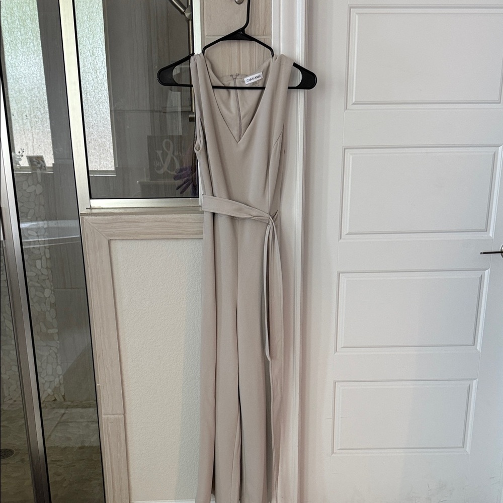 Calvin Klein Sleeveless V-Neck Wide-Leg Jumpsuit in Taupe